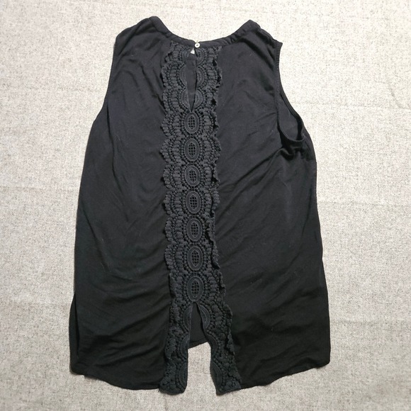 Pale Sky Black Sleeveless Tank Top Crochet Accent Split Back Womens M‎ - Picture 6 of 8